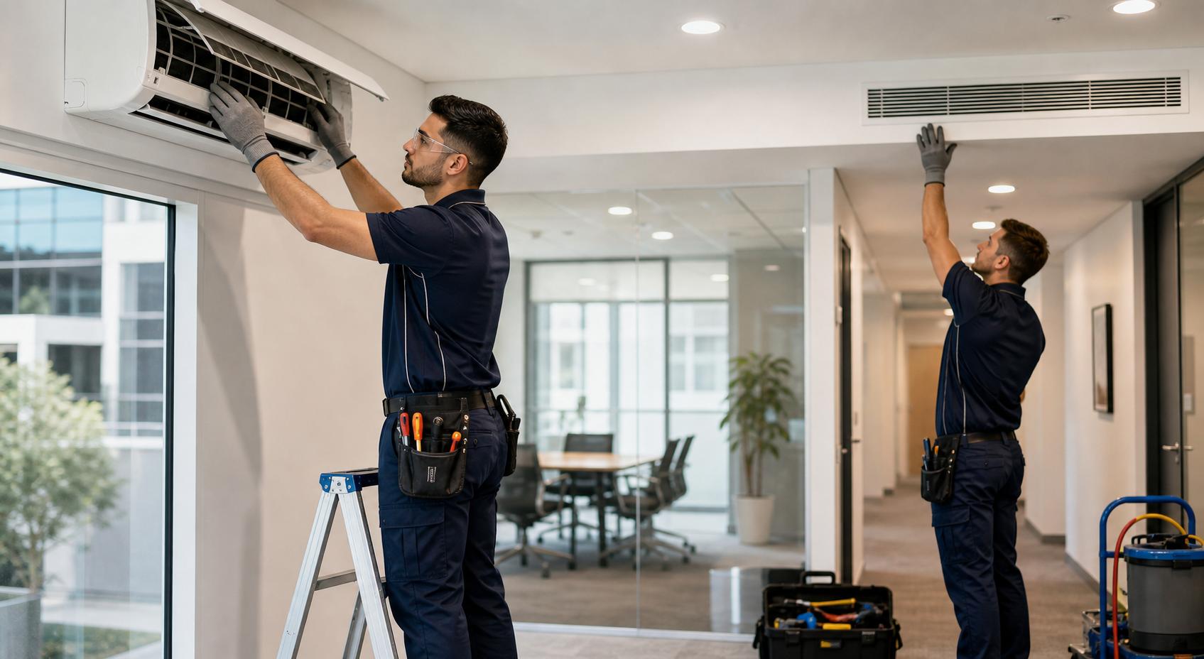 HVAC contractors maintaining air-conditioning systems