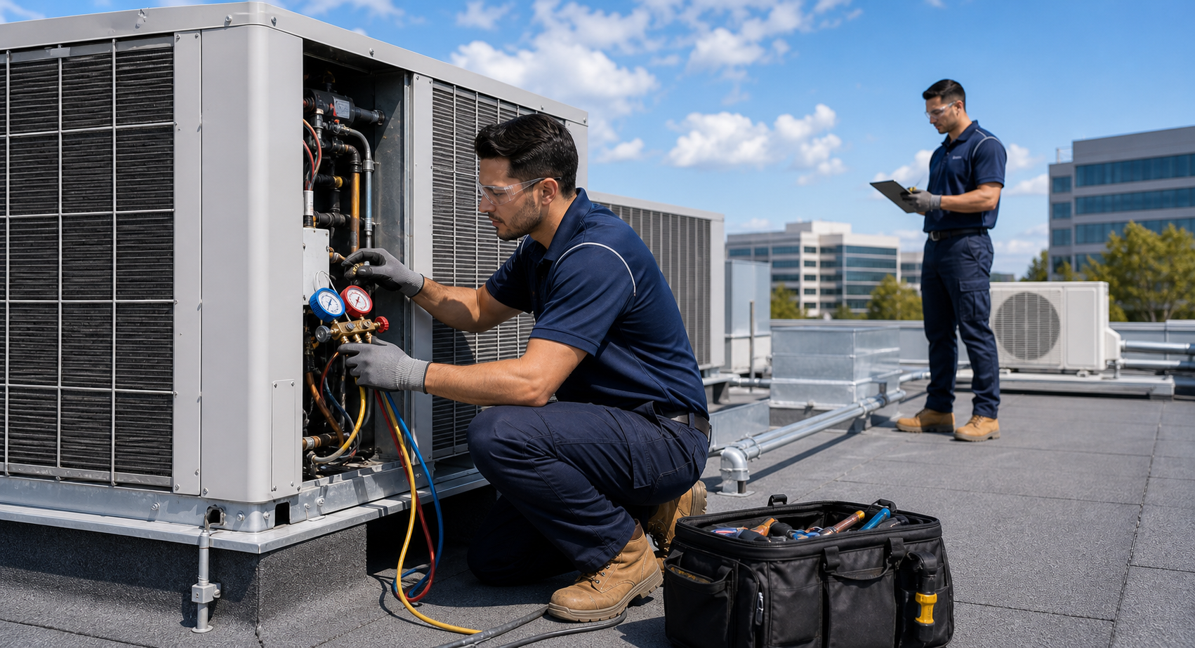 HVAC contractors diagnosing rooftop equipment